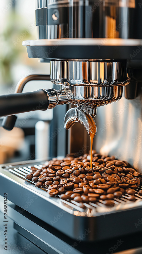 close-up of a professional espresso machine brewing fresh coffee, with a golden stream pouring from the portafilter. Roasted coffee beans are scattered on the drip tray, creating a warm and inviting close-up of a professional espresso machine brewing fresh coffee, with a golden stream pouring from the portafilter. Roasted coffee beans are scattered on the drip tray, creating a warm and inviting