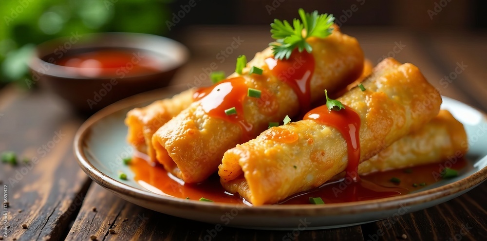 Golden, crispy spring rolls served with a tangy dipping sauce and fresh herbs. Golden, crispy spring rolls served with a tangy dipping sauce and fresh herbs.
