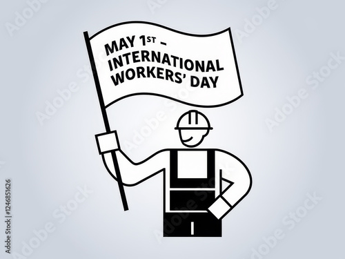 International workers' day illustration with worker holding flag celebrating labor rights photo