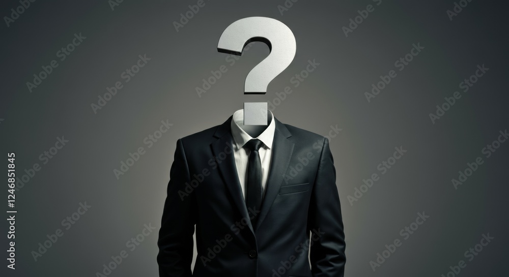 Businessman in a suit with a question mark for a head, symbolizing mystery Businessman in a suit with a question mark for a head, symbolizing mystery