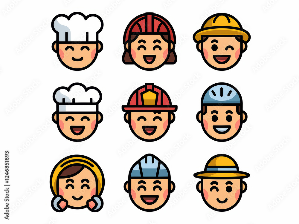 Cartoon faces with different occupation hats and happy expressions Cartoon faces with different occupation hats and happy expressions