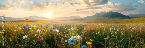 Spring green meadow with wild flowers, glass field with flowers in sunset sky with cloud background for template and banner.