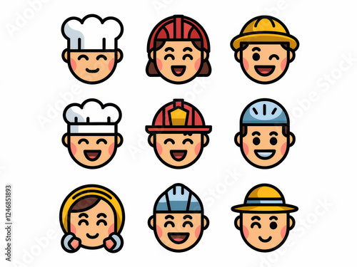 Cartoon faces with different occupation hats and happy expressions