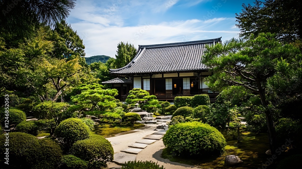Traditional Japanese Zen Garden with Pathway and Lush Greenery : Generative AI Traditional Japanese Zen Garden with Pathway and Lush Greenery : Generative AI