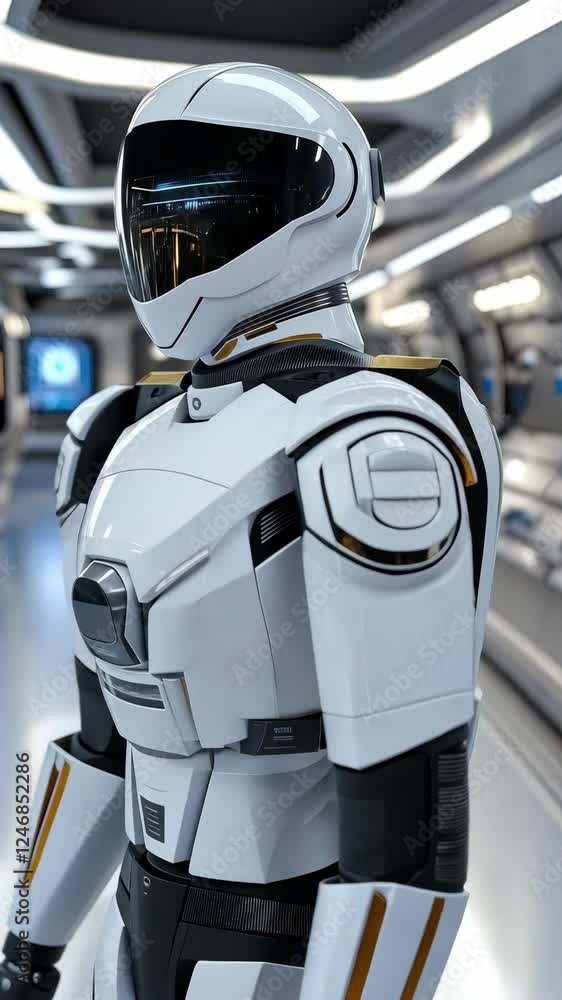 A humanoid robot stands in a sleek spacecraft interior, demonstrating cutting-edge design and technology in a modern environment A humanoid robot stands in a sleek spacecraft interior, demonstrating cutting-edge design and technology in a modern environment