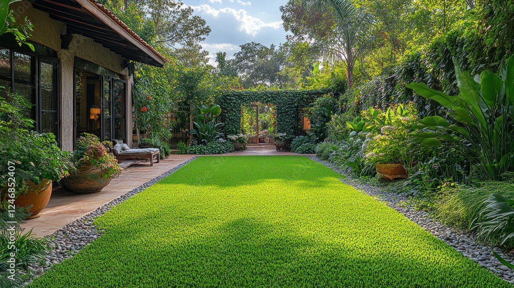 Obraz premium Lush green lawn in a tropical garden, bordered by stone and vibrant plants, leading to a secluded patio.