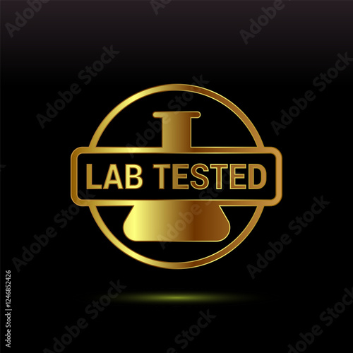 Lab tested icon. Laboratory testing product quality certificate symbol, Clinically certified, Gold color style