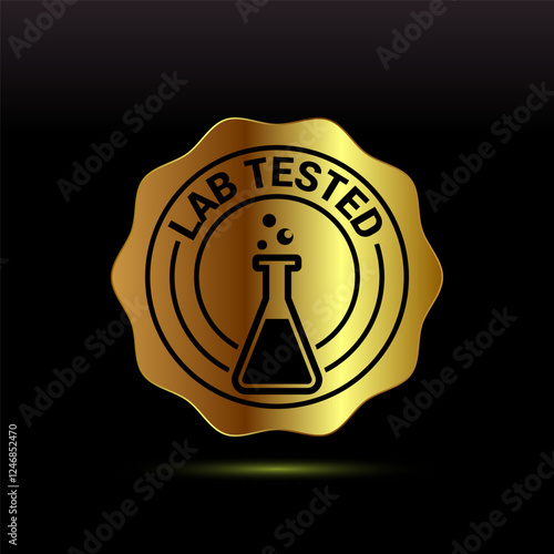 Lab tested icon. Laboratory testing product quality certificate symbol, Clinically certified, Gold color style