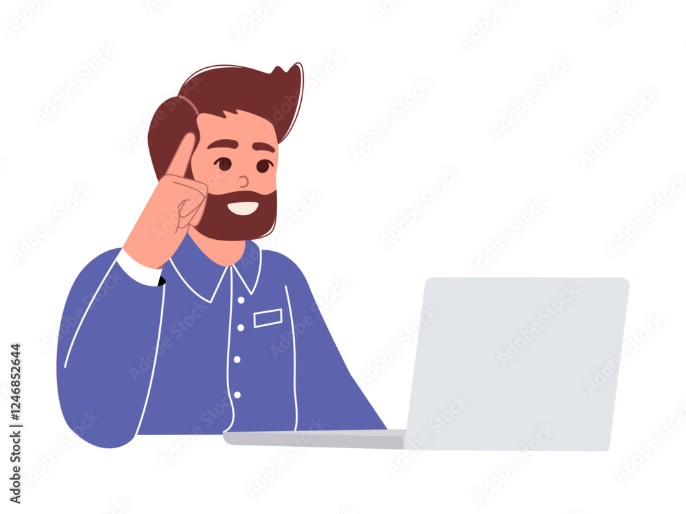 A man works online while sitting in front of a laptop. thinking of creative idea A man works online while sitting in front of a laptop. thinking of creative idea