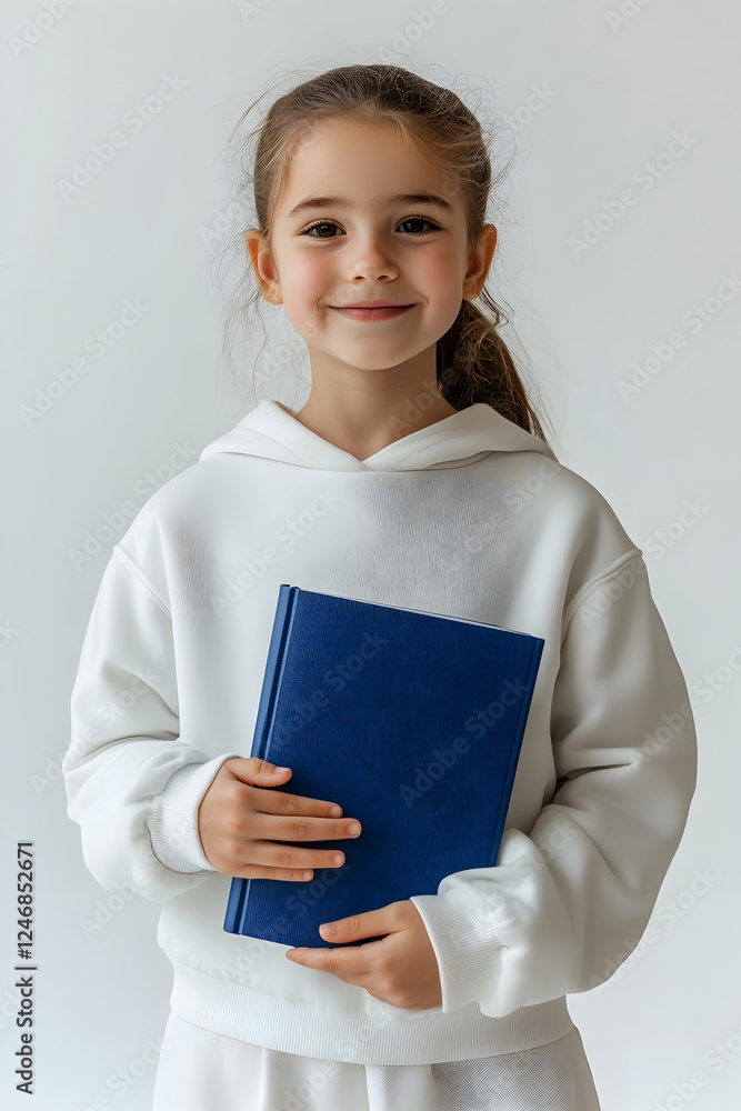 Obraz premium Smiling young girl holding blue book against white background