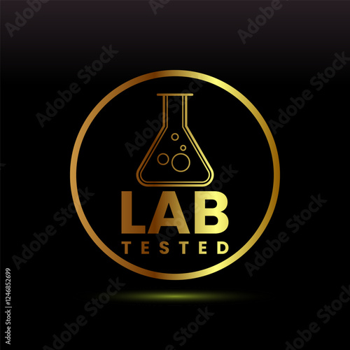 Lab tested icon. Laboratory testing product quality certificate symbol, Clinically certified, Gold color style