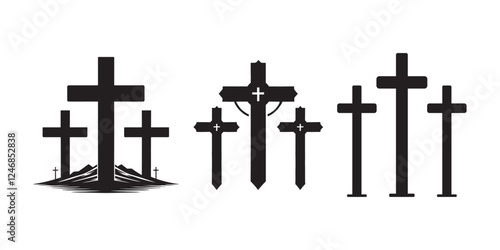 Set of Simple Black and White Christian Crosses