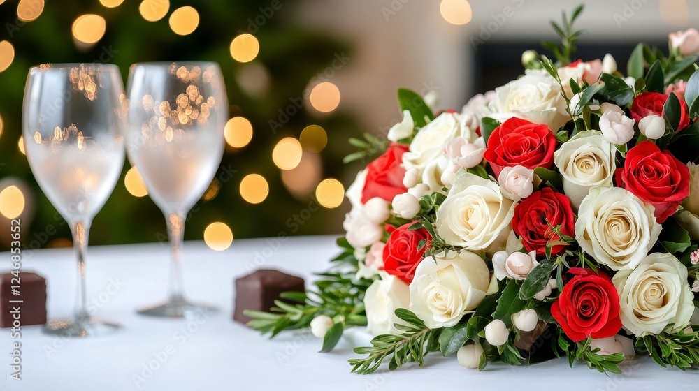 Festive Red And White Rose Bouquet On Table With Wine Glasses And Chocolates Festive Red And White Rose Bouquet On Table With Wine Glasses And Chocolates
