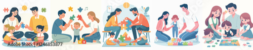 happy family vector set playing puzzle