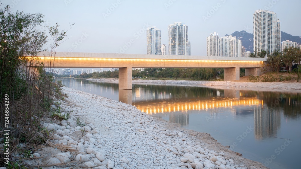 Modern bridge spanning river, city skyline backdrop, tranquil evening scene, ideal for urban landscape designs Modern bridge spanning river, city skyline backdrop, tranquil evening scene, ideal for urban landscape designs