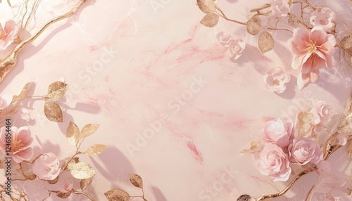 Pink marble background with gold branches and roses for beauty products
