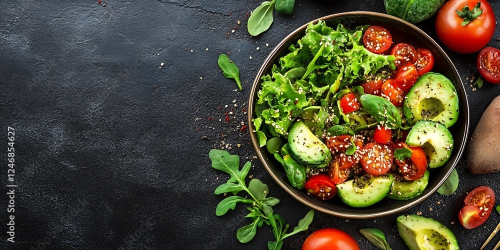 Fresh Green Salad with Cherry Tomatoes Avocado and Spinach on Dark Rustic Background : Generative AI Fresh Green Salad with Cherry Tomatoes Avocado and Spinach on Dark Rustic Background : Generative AI