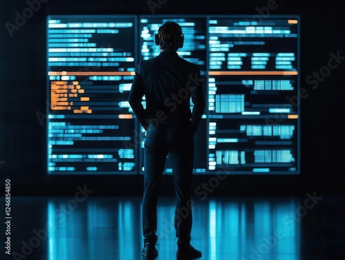 Neon cyberpunk style project manager analyzing futuristic AIdriven business analytics photo