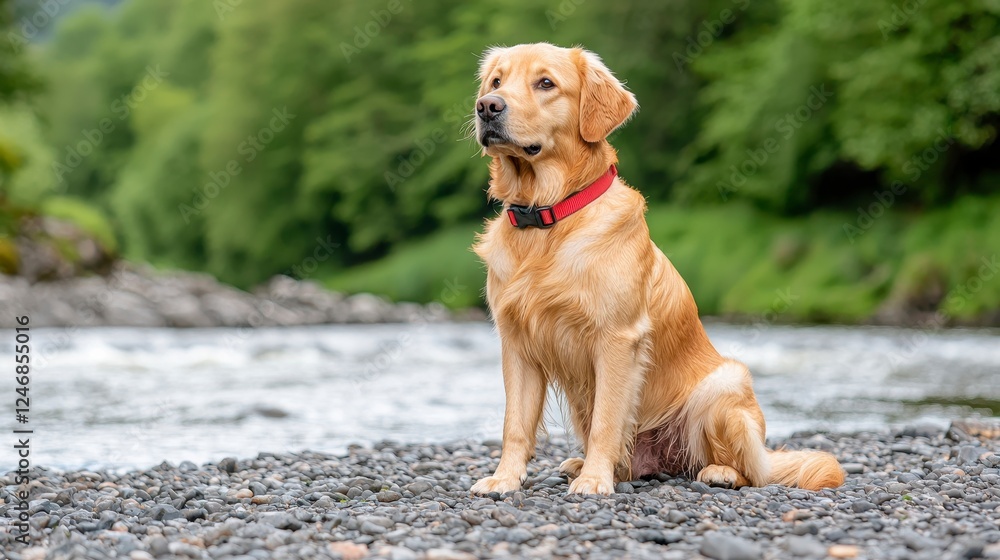 Golden Retriever Dog Sitting by a River with Lush Green Background Golden Retriever Dog Sitting by a River with Lush Green Background