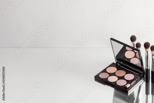 professional setup featuring bold makeup palettes and brushes on sleek mirrored surface photo