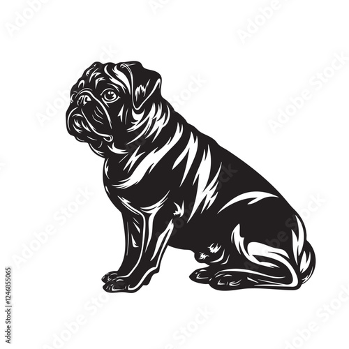 Illustration vector of pug dog in vintage woodcut style with detailed line work and dramatic shading on a white background. Easy editable layere. Pet. Animals.