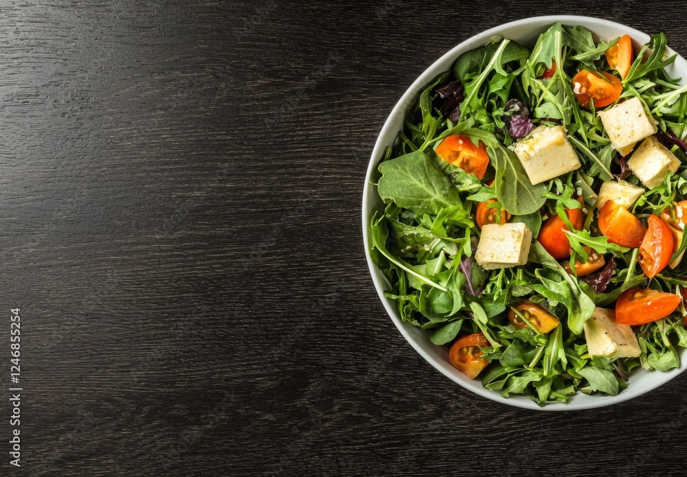 Overhead shot of a fresh salad in a bowl on a dark wood background. The salad contains tofu, cherry tomatoes, and mixed greens Overhead shot of a fresh salad in a bowl on a dark wood background. The salad contains tofu, cherry tomatoes, and mixed greens
