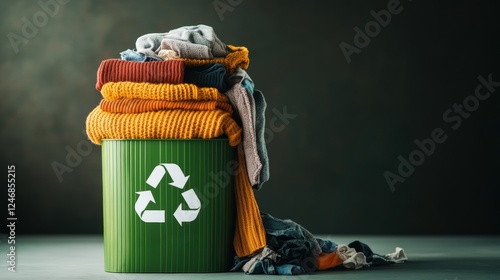 Green trash can filled with assorted clothes and fabric items in a residential setting