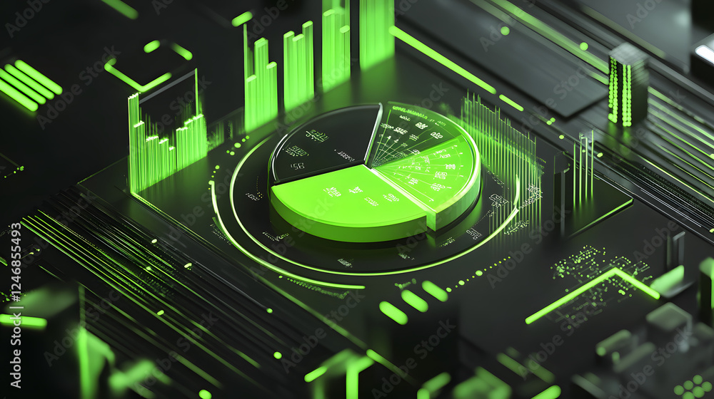 Cute isometric 3D image of 3D pie chart and bar chart in realistic metallic silver illuminated by neon green. add floating, transparent charts and circular measurement tools. ensure perfect shapes an Cute isometric 3D image of 3D pie chart and bar chart in realistic metallic silver illuminated by neon green. add floating, transparent charts and circular measurement tools. ensure perfect shapes an