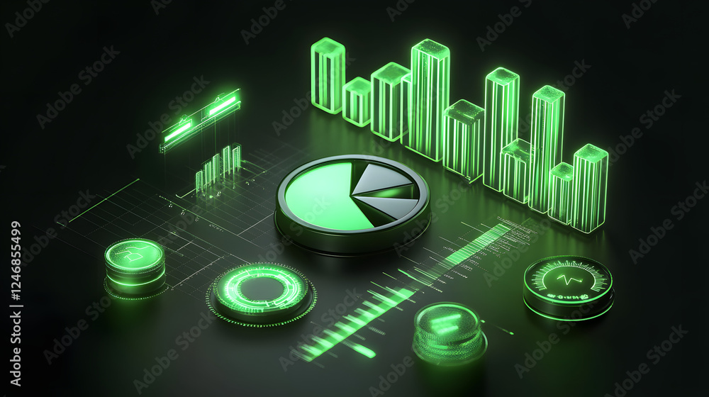 Cute isometric 3D image of 3D pie chart and bar chart in realistic metallic silver illuminated by neon green. add floating, transparent charts and circular measurement tools. ensure perfect shapes an Cute isometric 3D image of 3D pie chart and bar chart in realistic metallic silver illuminated by neon green. add floating, transparent charts and circular measurement tools. ensure perfect shapes an