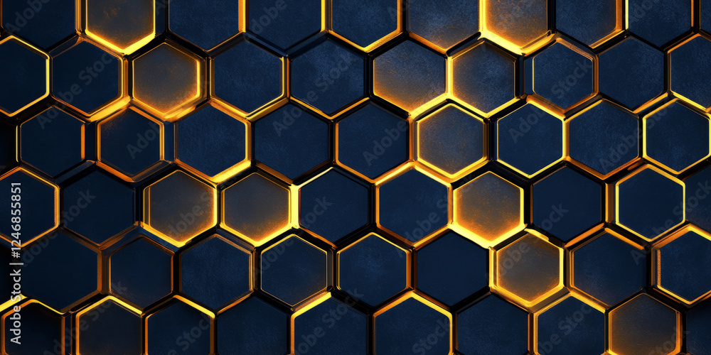 A hexagonal honeycomb pattern in champagne gold, burnt orange, and navy blue, illuminated with soft glowing edges. A hexagonal honeycomb pattern in champagne gold, burnt orange, and navy blue, illuminated with soft glowing edges.