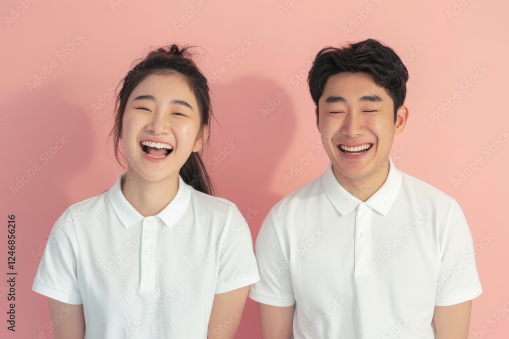 Portrait of a joyful asian couple in their 20s wearing a sporty polo shirt in front of pastel or soft colors background Portrait of a joyful asian couple in their 20s wearing a sporty polo shirt in front of pastel or soft colors background