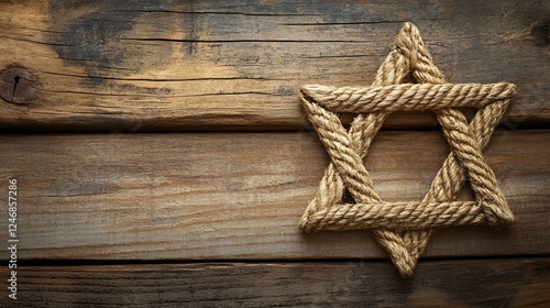 Handcrafted Twine Star Jewish Symbol Displayed on Rustic Wooden Surface Enhancing Spirituality : Generative AI photo