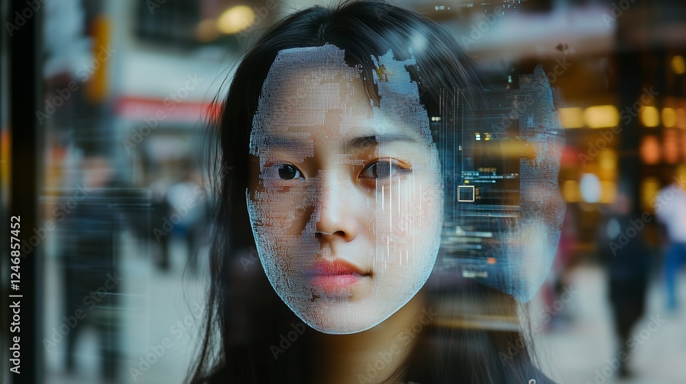A woman's face is partially obscured by digital data and reflections on a glass window in an urban setting A woman's face is partially obscured by digital data and reflections on a glass window in an urban setting