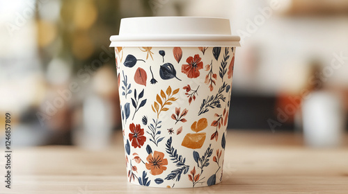 A mockup of takeaway coffee cups featuring a floral print in pastel colors, showcasing a soft and elegant design on a neutral background