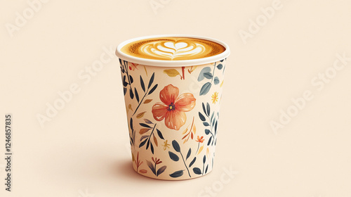 A mockup of takeaway coffee cups featuring a floral print in pastel colors, showcasing a soft and elegant design on a neutral background