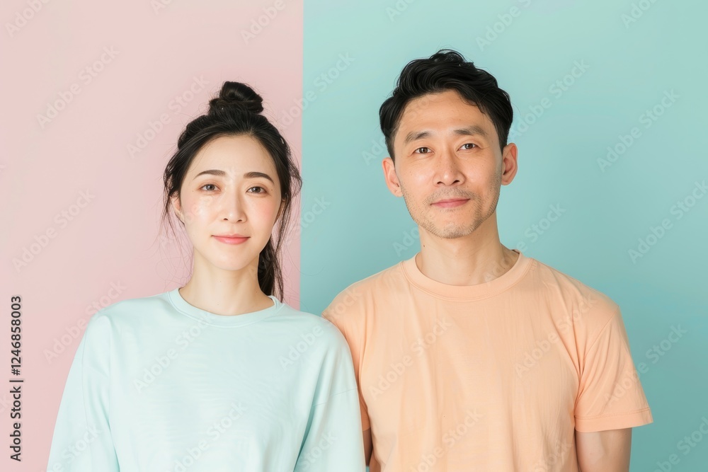 Portrait of a tender asian couple in their 30s wearing a moisture-wicking running shirt isolated in pastel or soft colors background Portrait of a tender asian couple in their 30s wearing a moisture-wicking running shirt isolated in pastel or soft colors background