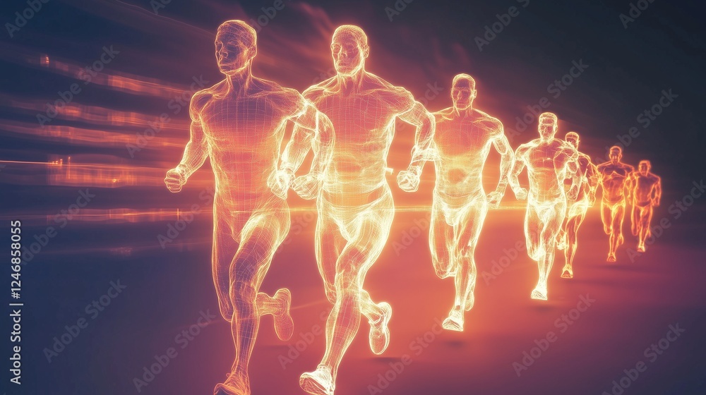 Glowing human figures in motion showcasing strength and unity against a vibrant background Glowing human figures in motion showcasing strength and unity against a vibrant background