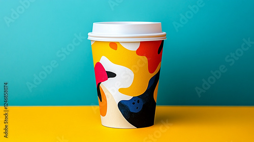 A mockup of a takeaway coffee cup with a vibrant abstract design, featuring bold shapes, colorful splashes, and text elements, set against a bright and dynamic background