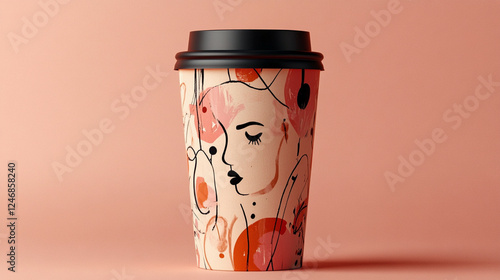A mockup of a takeaway coffee cup with a vibrant abstract design, featuring bold shapes, colorful splashes, and text elements, set against a bright and dynamic background