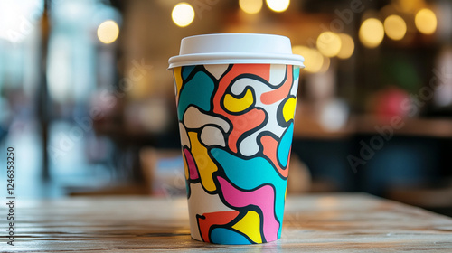 A mockup of a takeaway coffee cup with a vibrant abstract design, featuring bold shapes, colorful splashes, and text elements, set against a bright and dynamic background