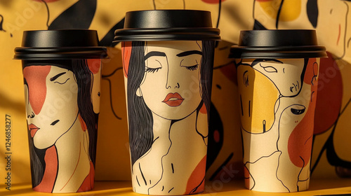 A mockup of a takeaway coffee cup with a vibrant abstract design, featuring bold shapes, colorful splashes, and text elements, set against a bright and dynamic background