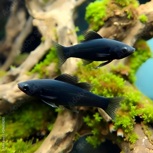 A pair of black mollies with velvety scales and tiny fins swimming against a backdrop of driftwood and aquatic moss photo