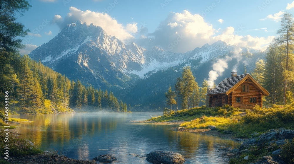 Fototapeta premium Cozy mountain cabin with smoke rising from chimney