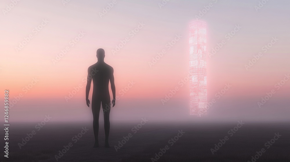 A figure standing in misty twilight ambiance. A figure standing in misty twilight ambiance.