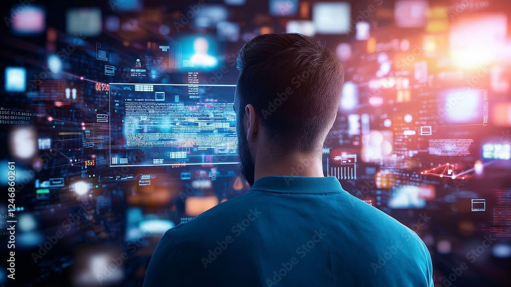 man stands in front of vast array of digital screens displaying data and information, immersed in high tech environment. scene conveys sense of exploration and engagement with technology man stands in front of vast array of digital screens displaying data and information, immersed in high tech environment. scene conveys sense of exploration and engagement with technology