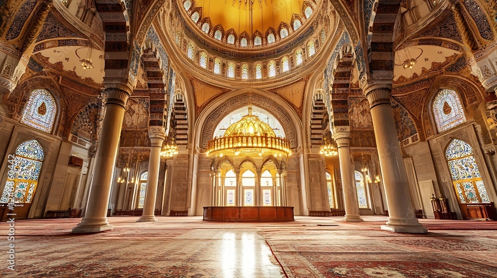 Grand Interior of Opulent Mosque With Intricate Details and Stained Glass : Generative AI Grand Interior of Opulent Mosque With Intricate Details and Stained Glass : Generative AI