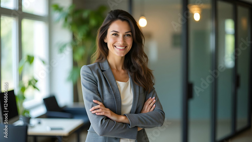 Confident Businesswoman Smiling in Modern Office Environment Free Download Confident Businesswoman Smiling in Modern Office Environment - GFXLoad