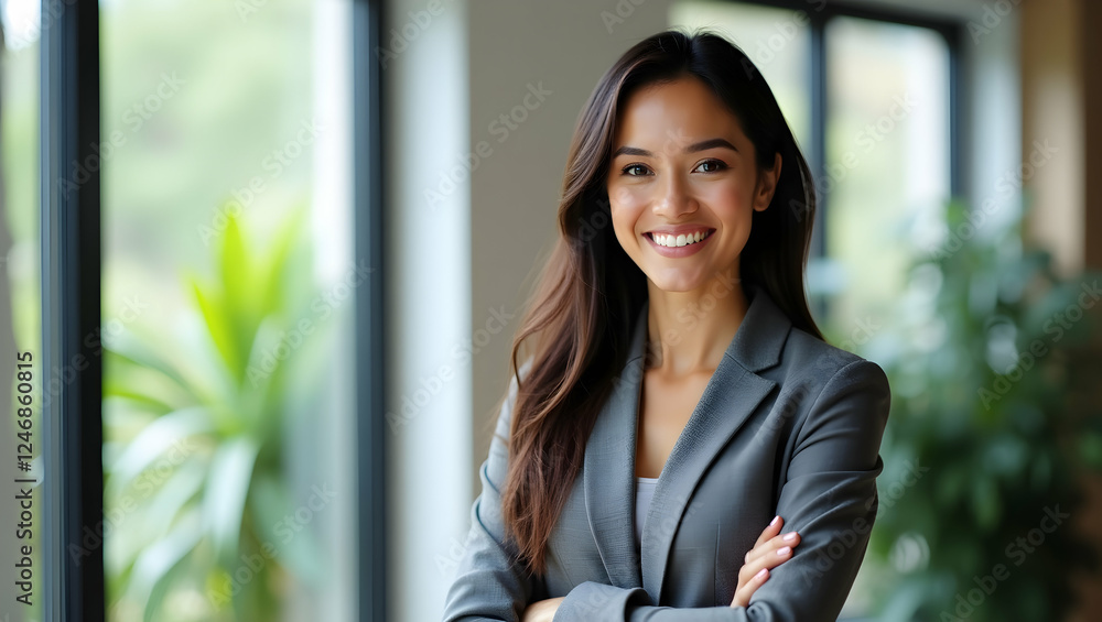 Confident Businesswoman Smiling in Modern Office Environment Confident Businesswoman Smiling in Modern Office Environment