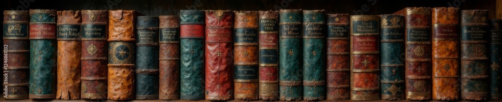 Tiled background with old leather-bound books stacked on a wooden shelf, wear, leather, bound Tiled background with old leather-bound books stacked on a wooden shelf, wear, leather, bound
