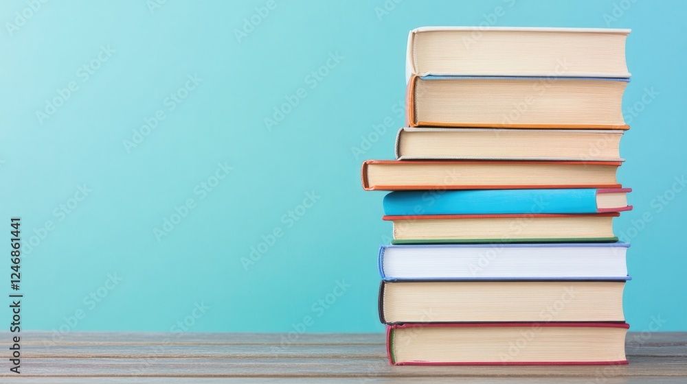 stack of diverse books placed on wooden table with their colorful covers partially visible and ample blank backdrop stack of diverse books placed on wooden table with their colorful covers partially visible and ample blank backdrop